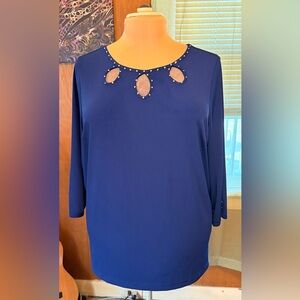 Quacker Factory Dream Knit Rhinestone Blouse - Royal Blue (Size L)